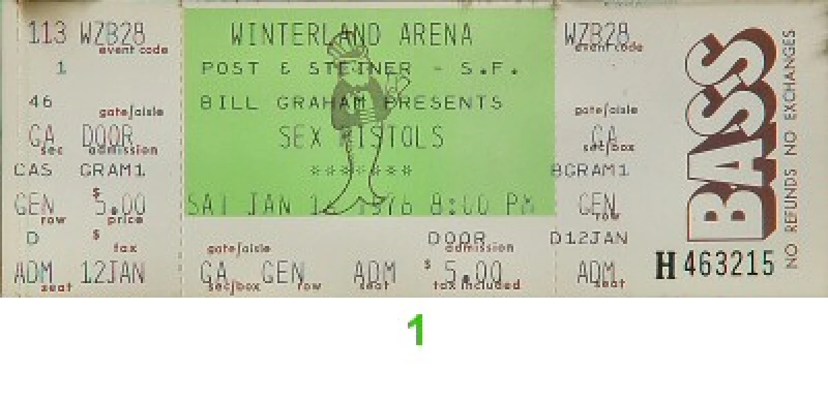 The Sex Pistols Vintage Concert Vintage Ticket From Winterland Jan