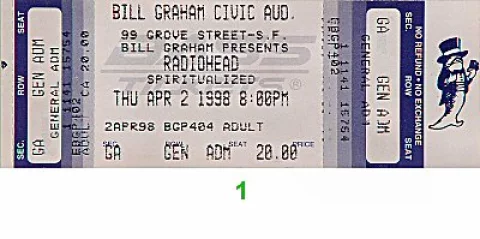 Radiohead Vintage Concert Vintage Ticket from Bill Graham Civic ...