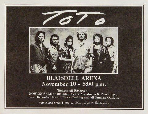 Toto Vintage Concert Handbill from Blaisdell Arena, Nov 10, 1986