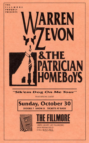 Warren Zevon & The Patrician Homeboys Handbill