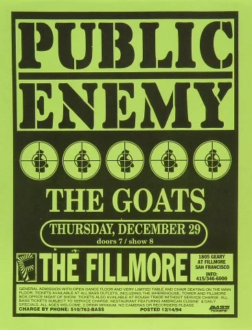 Public Enemy Vintage Concert Handbill from Fillmore Auditorium, Dec 29,  1994 at Wolfgang's