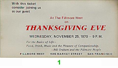 At The Fillmore West on Thanksgiving Eve Vintage Ticket
