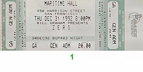 Zero Vintage Concert Vintage Ticket from Maritime Hall, Dec 31, 1992 at ...