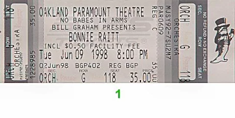Bonnie Raitt Vintage Concert Ticket From Paramount Theatre Jun 9 1998 At Wolfgang S