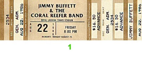 Jimmy Buffett Vintage Concert Vintage Ticket from Royal Lahaina Tennis  Stadium, Aug 22, 1986 at Wolfgang's