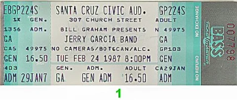 Jerry Garcia Band Vintage Concert Vintage Ticket from Santa Cruz