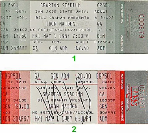 Iron Maiden Vintage Concert Vintage Ticket from Spartan Stadium, May 1,  1987 at Wolfgang's