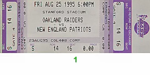 Oakland Raiders vs. New England Patriots Vintage Concert Vintage Ticket  from Stanford Stadium, Aug 25, 1995 at Wolfgang's