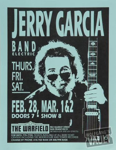 Jerry Garcia Band Vintage Concert Handbill from Warfield Theatre 