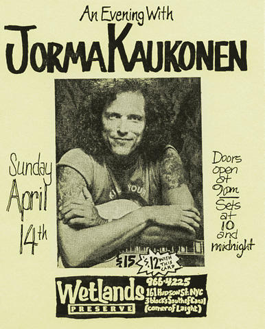 Jorma Kaukonen Vintage Concert Handbill from Wetlands, Apr 14