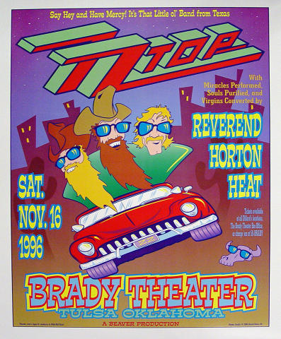 ZZ Top Vintage Concert Poster from Brady Theatre, Nov 16, 1996 at