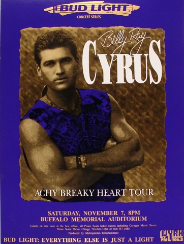 Billy Ray Cyrus Vintage Concert Poster From Buffalo Memorial Auditorium 