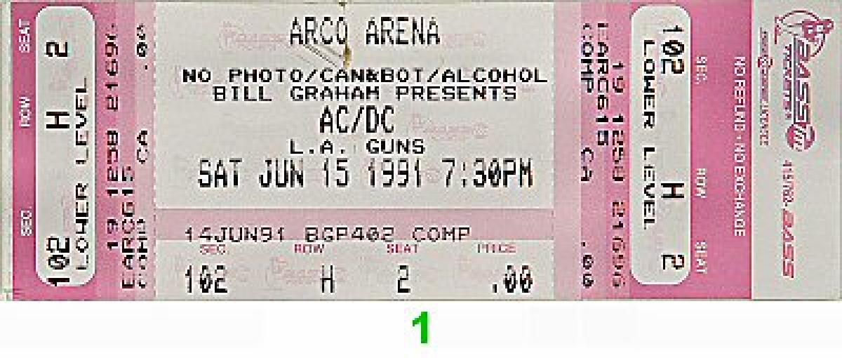 AC/DC Vintage Concert Vintage Ticket from Arco Arena, Jun 15, 1991 at ...