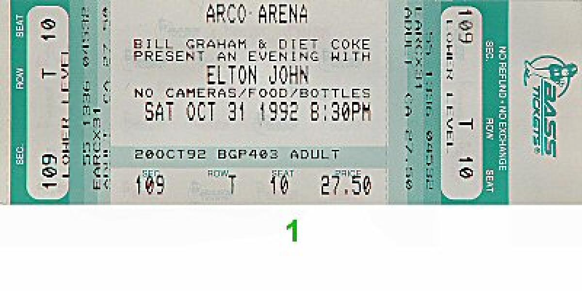 Elton John Vintage Concert Vintage Ticket From Arco Arena Oct 31 1992 At Wolfgangs 