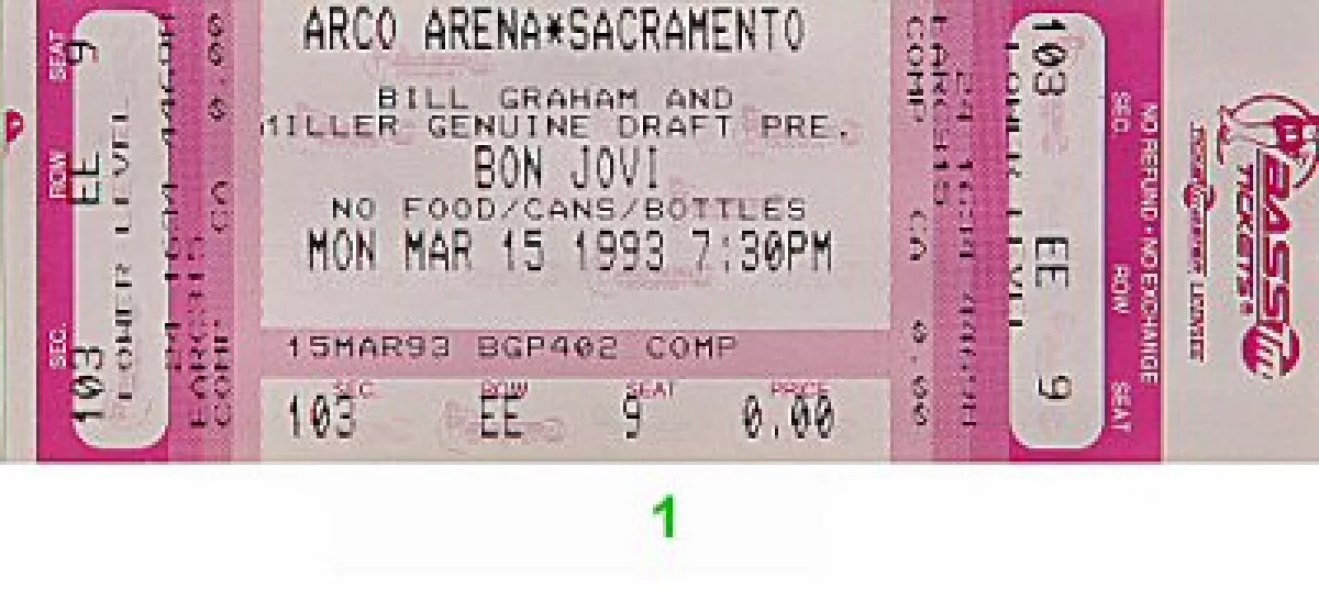 Bon Jovi Vintage Concert Vintage Ticket from Arco Arena, Mar 15, 1993 ...