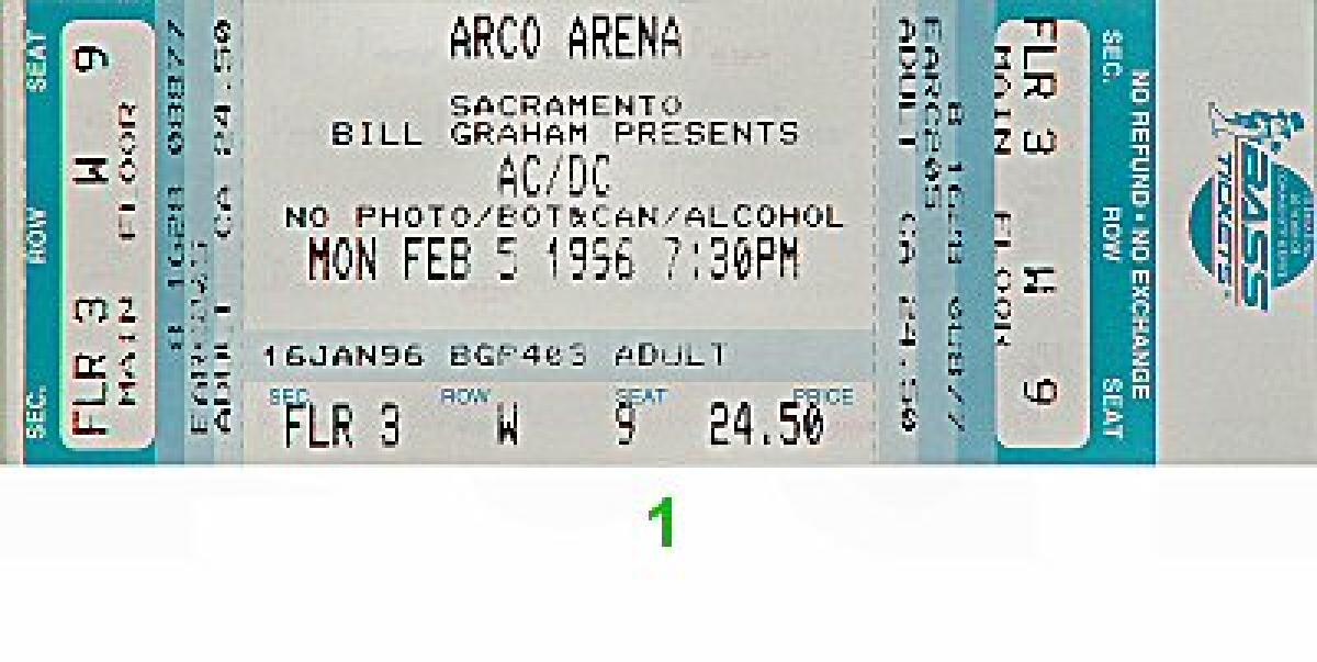 AC/DC Vintage Concert Vintage Ticket from Arco Arena, Feb 5, 1996 at ...