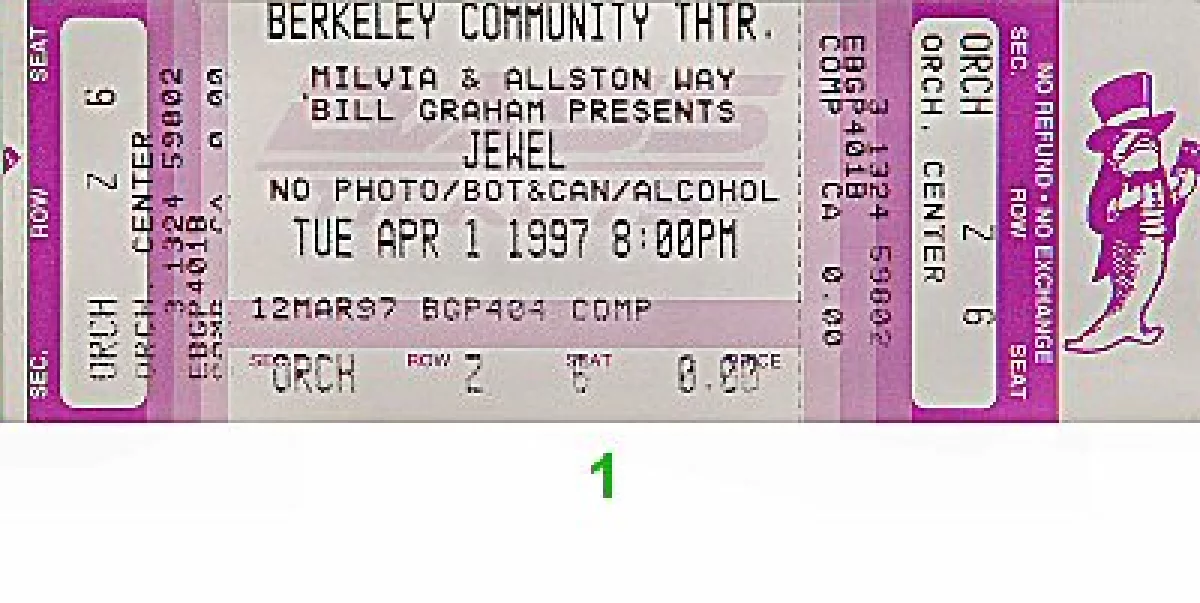 Jewel Vintage Concert Vintage Ticket from Berkeley Community Theatre