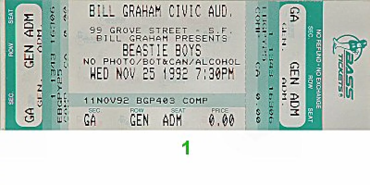 Beastie Boys Vintage Concert Vintage Ticket from Bill Graham Civic ...