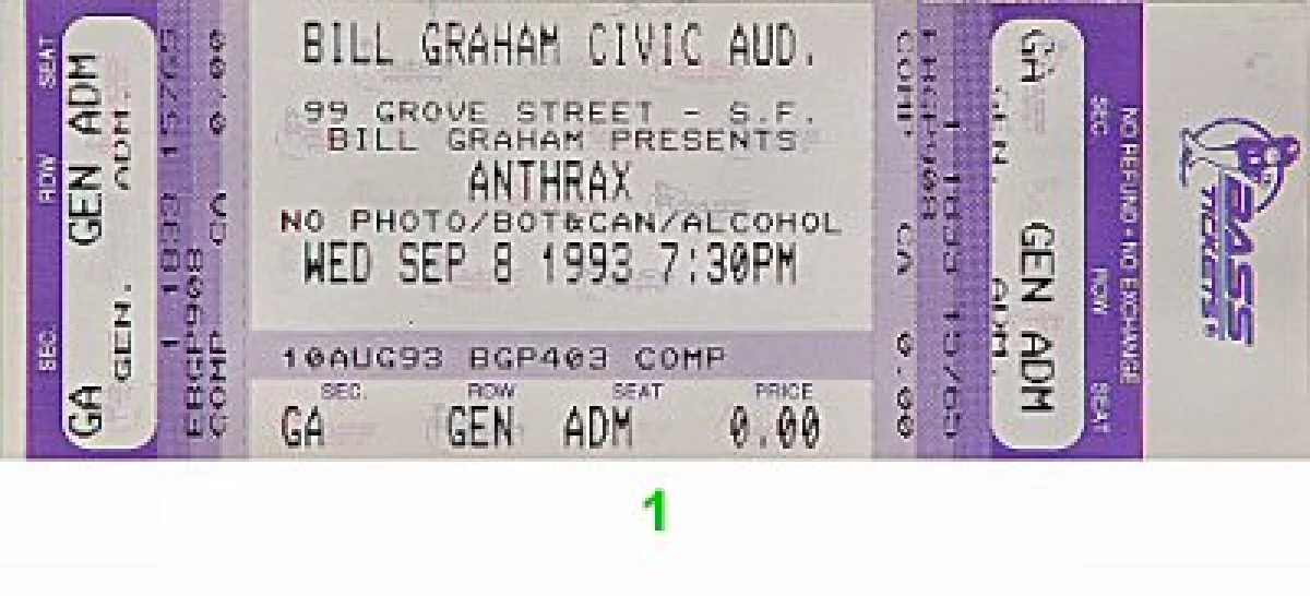 Anthrax Vintage Concert Vintage Ticket from Bill Graham Civic ...