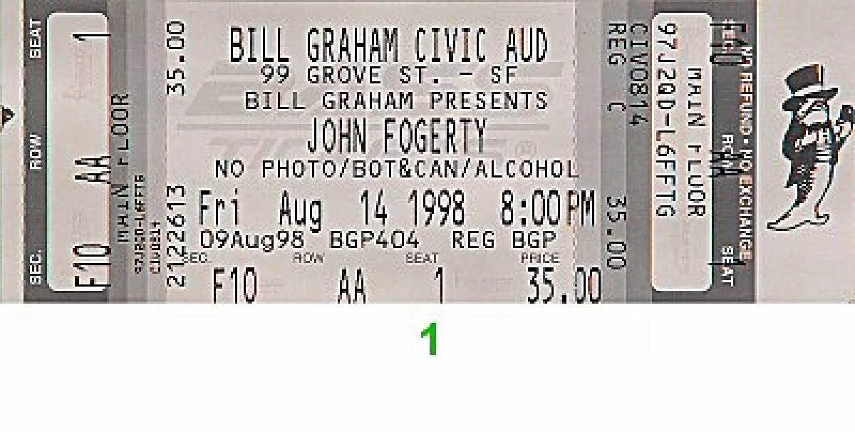 John Fogerty Vintage Concert Vintage Ticket from Bill Graham Civic ...