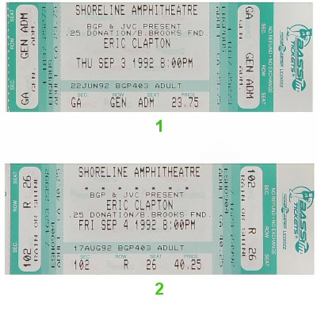 Eric Clapton Vintage Concert 1990s Ticket from Shoreline Amphitheatre