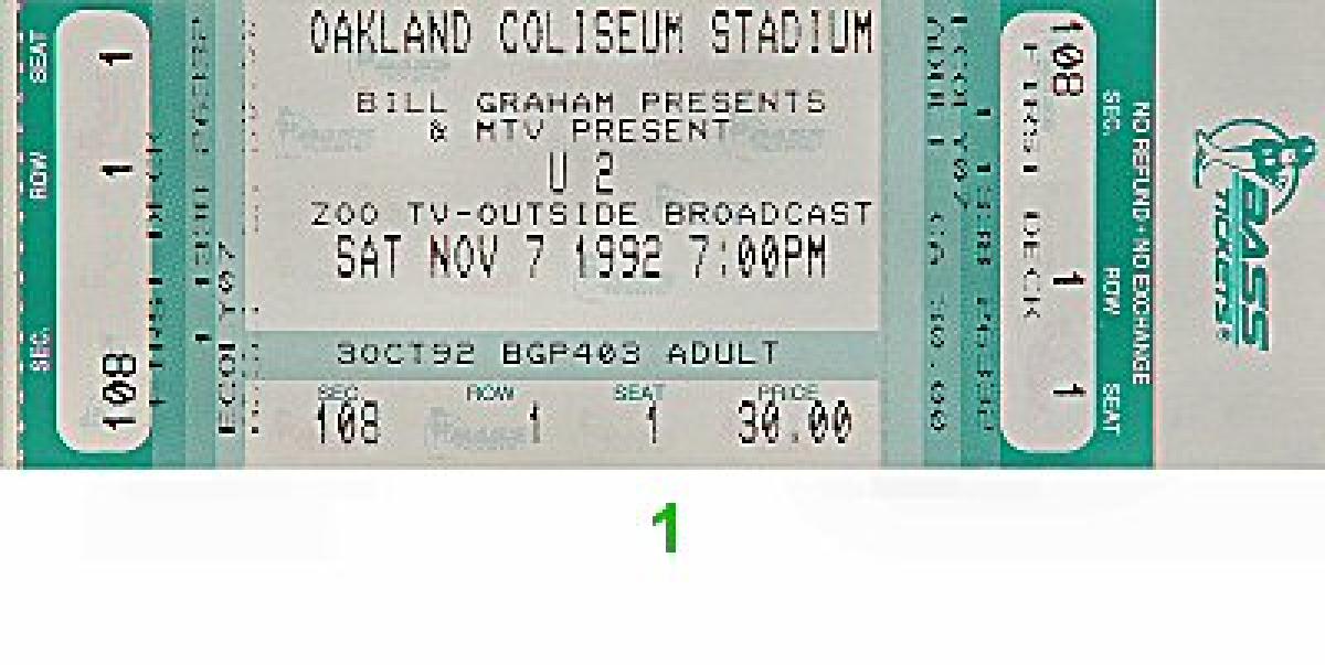 U2 Vintage Concert Vintage Ticket from Oakland Coliseum Stadium, Nov 7 ...