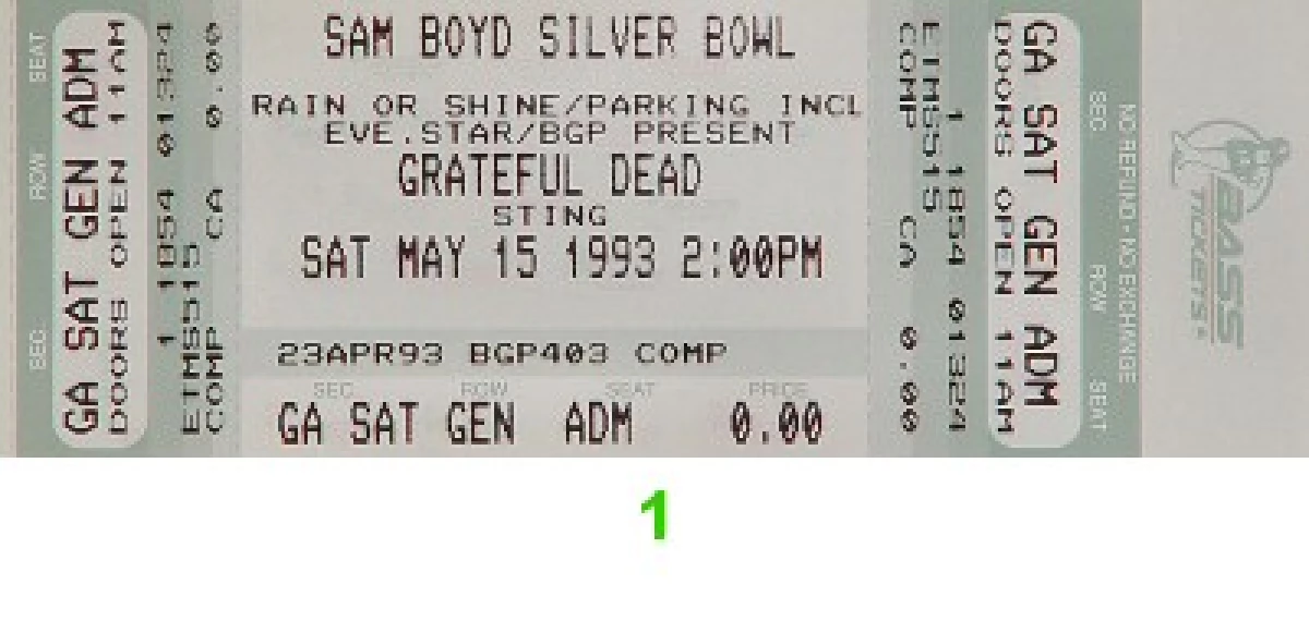 Grateful Dead Vintage Concert Vintage Ticket from Sam Boyd Stadium, May ...