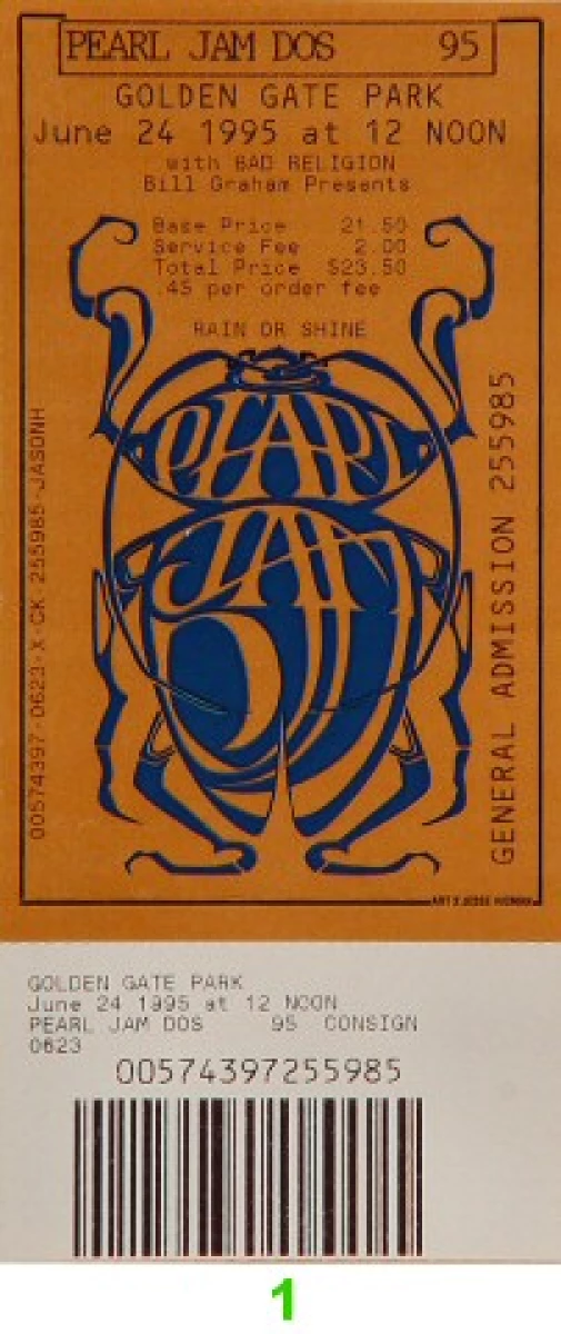 Pearl Jam Vintage Concert Vintage Ticket from Golden Gate Park, Jun 24