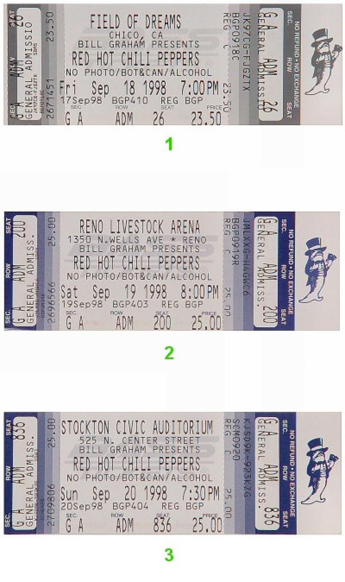 Red Hot Chili Peppers Vintage Concert Vintage Ticket from Field of Dreams, Sep 18, 1998 at
