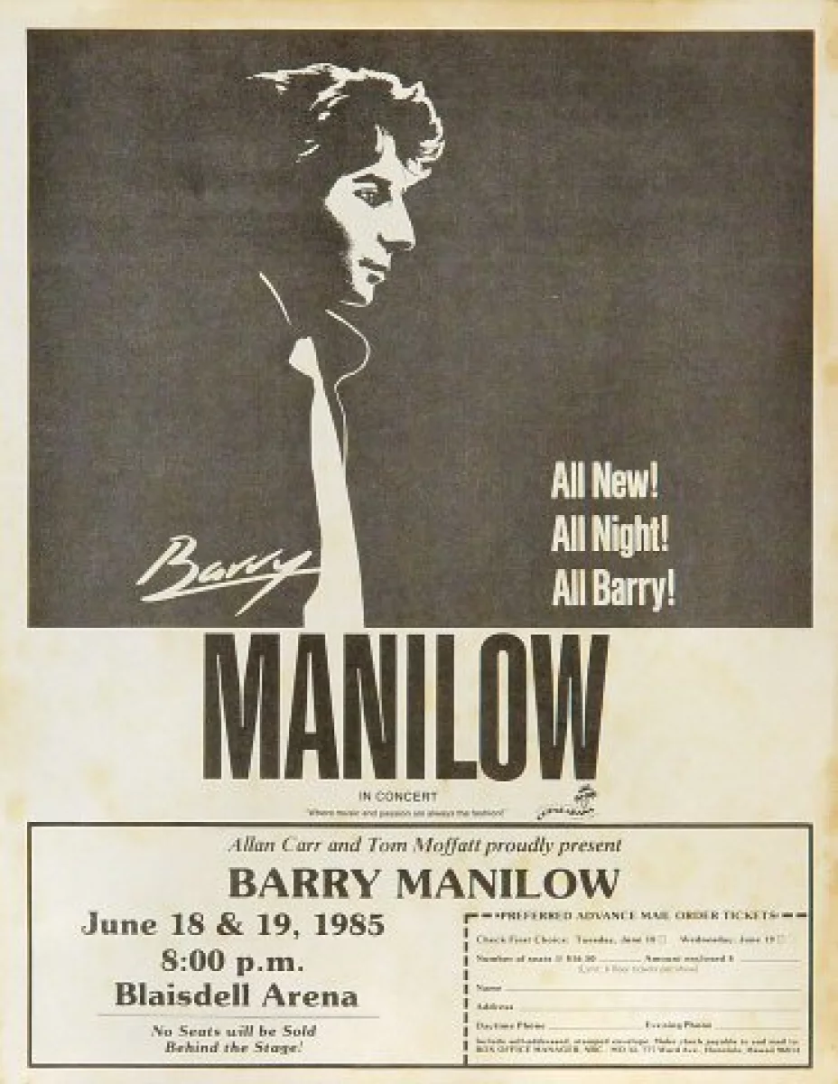 Barry Manilow Vintage Concert Handbill from Blaisdell Arena, Jun 18, 1985  at Wolfgang's