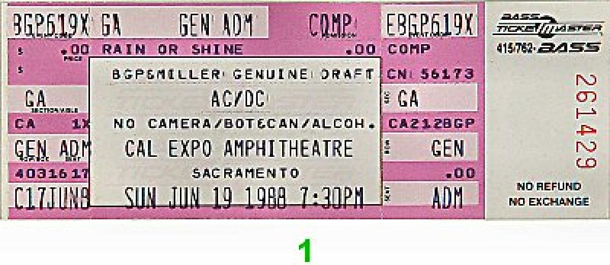 AC/DC Vintage Concert Vintage Ticket from Cal Expo Amphitheater, Jun 19 ...