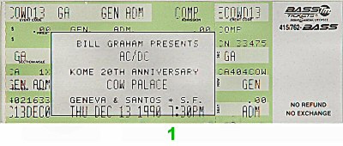 AC/DC Vintage Concert Vintage Ticket from Cow Palace, Dec 13, 1990 at