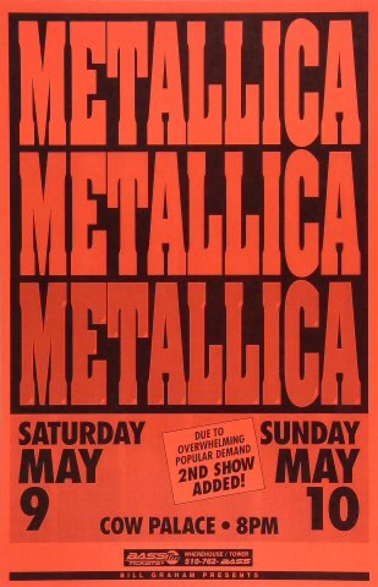 Specialitet Biskop kontrol Metallica Vintage Concert Poster from Cow Palace, May 9, 1992 at Wolfgang's