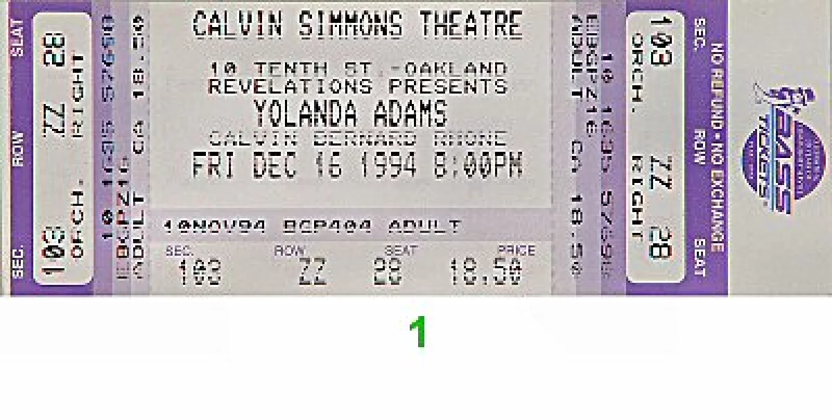 Yolanda Adams Vintage Concert Vintage Ticket from Calvin Simmons ...