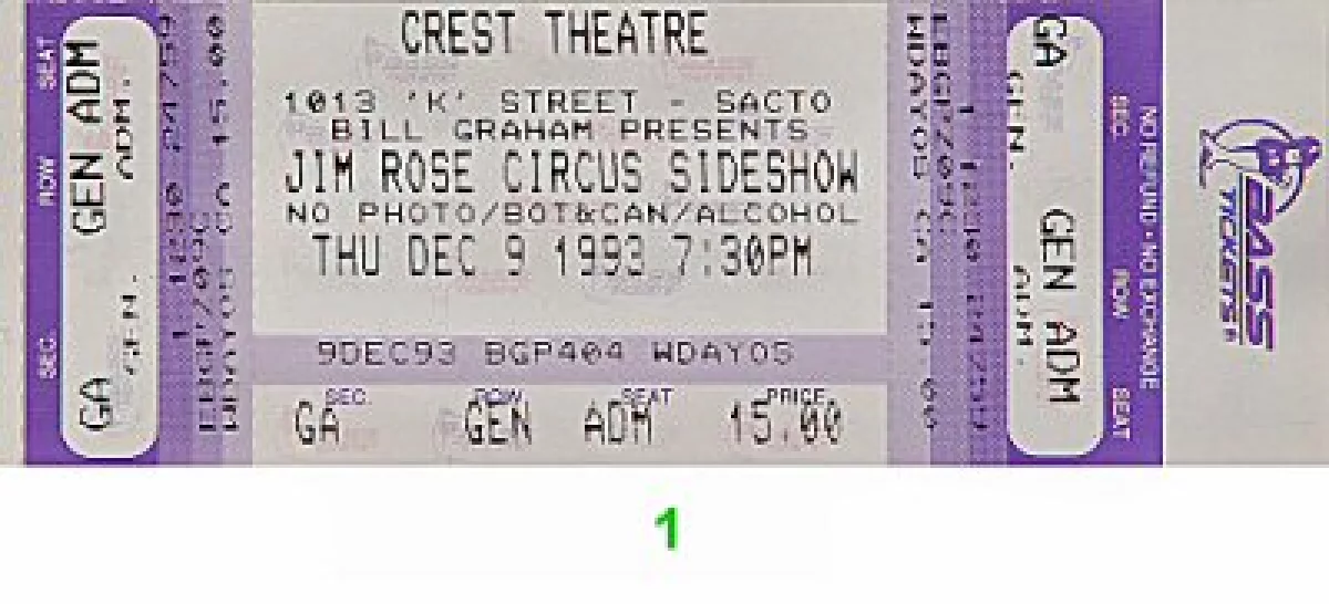 Jim Rose Circus Side Show Vintage Concert Vintage Ticket from Crest ...