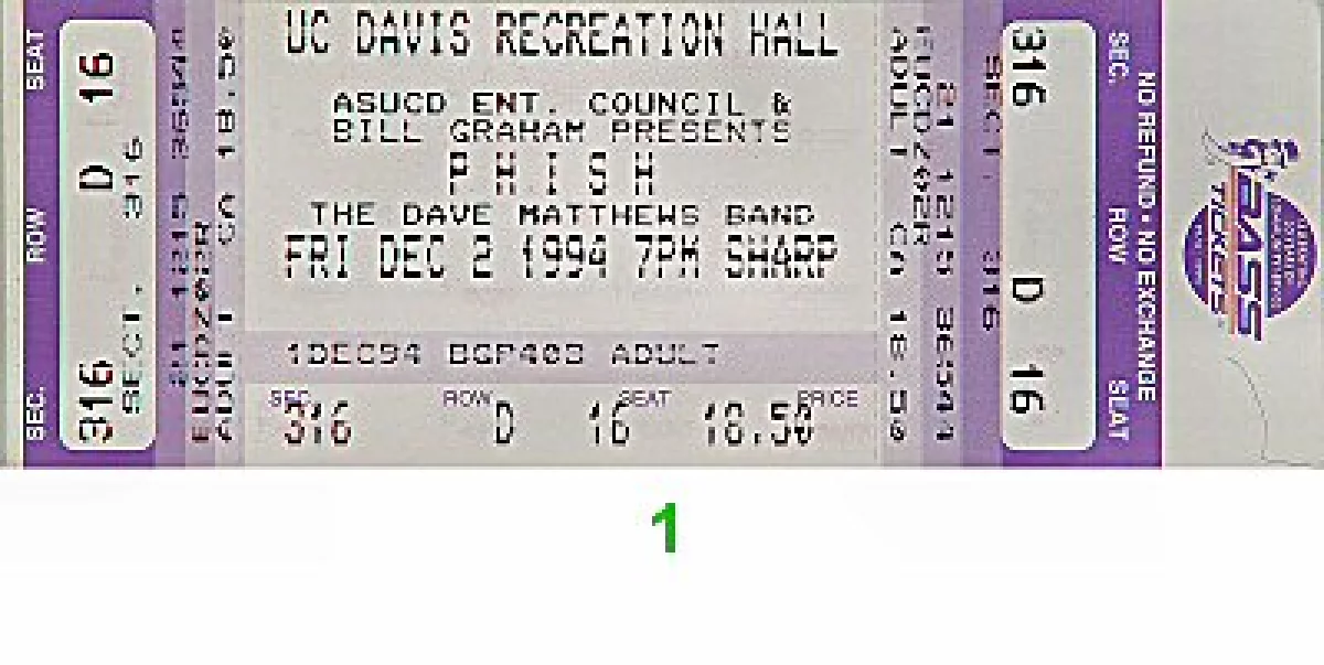 Phish Vintage Concert Vintage Ticket from UC Davis Recreation Hall, Dec ...