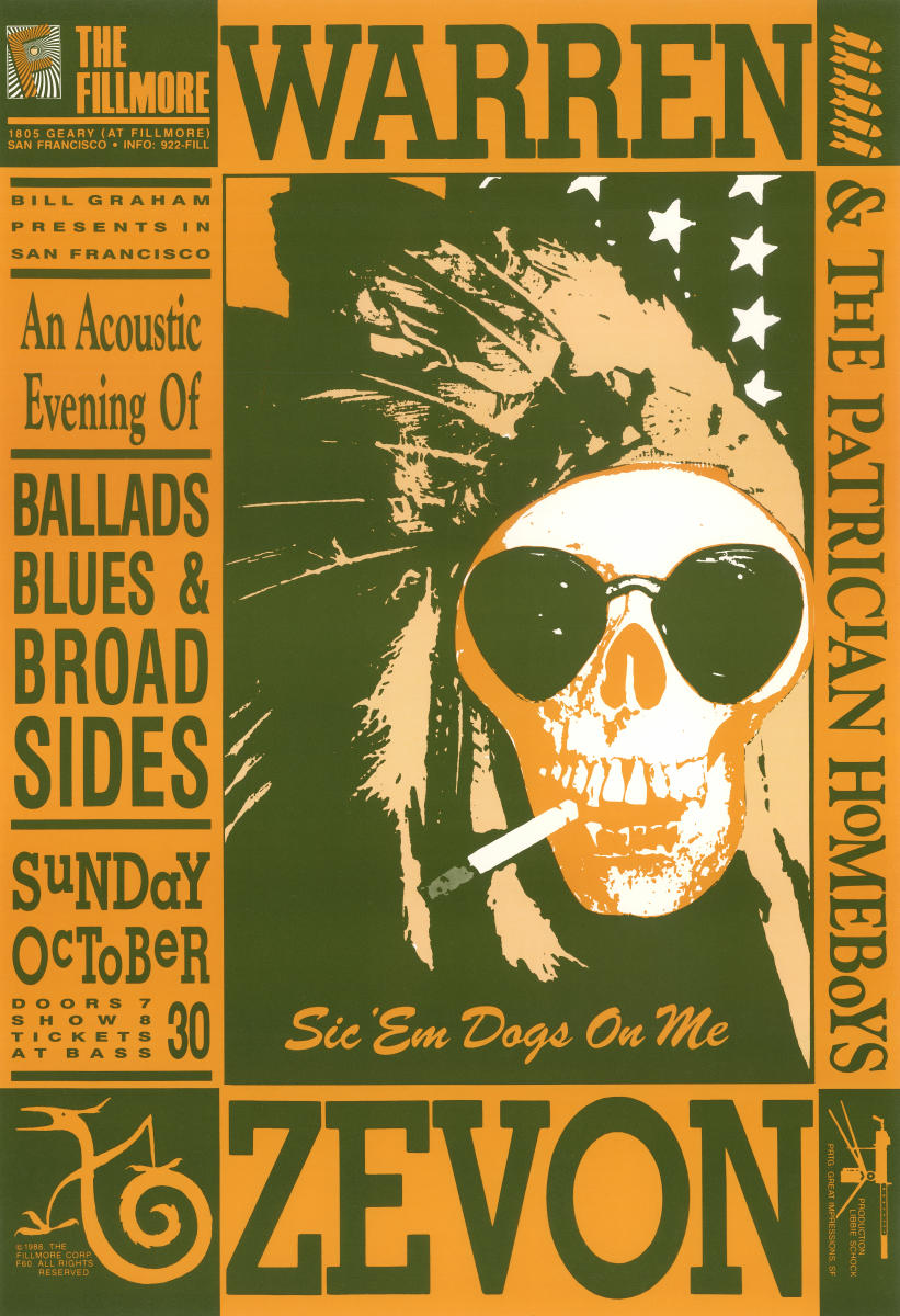 Warren Zevon & The Patrician Homeboys Vintage Concert Poster from