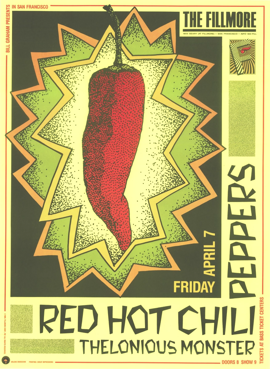 snemand Duplikere Cater Red Hot Chili Peppers Vintage Concert Poster from Fillmore Auditorium, Apr  7, 1989 at Wolfgang's