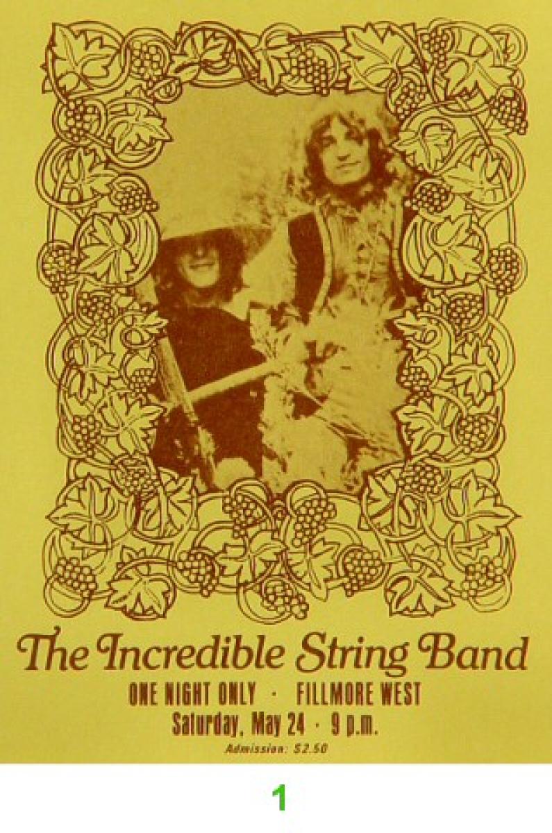 The Incredible String Band Vintage Concert Vintage Ticket from Fillmore West, May 24, 1969 at