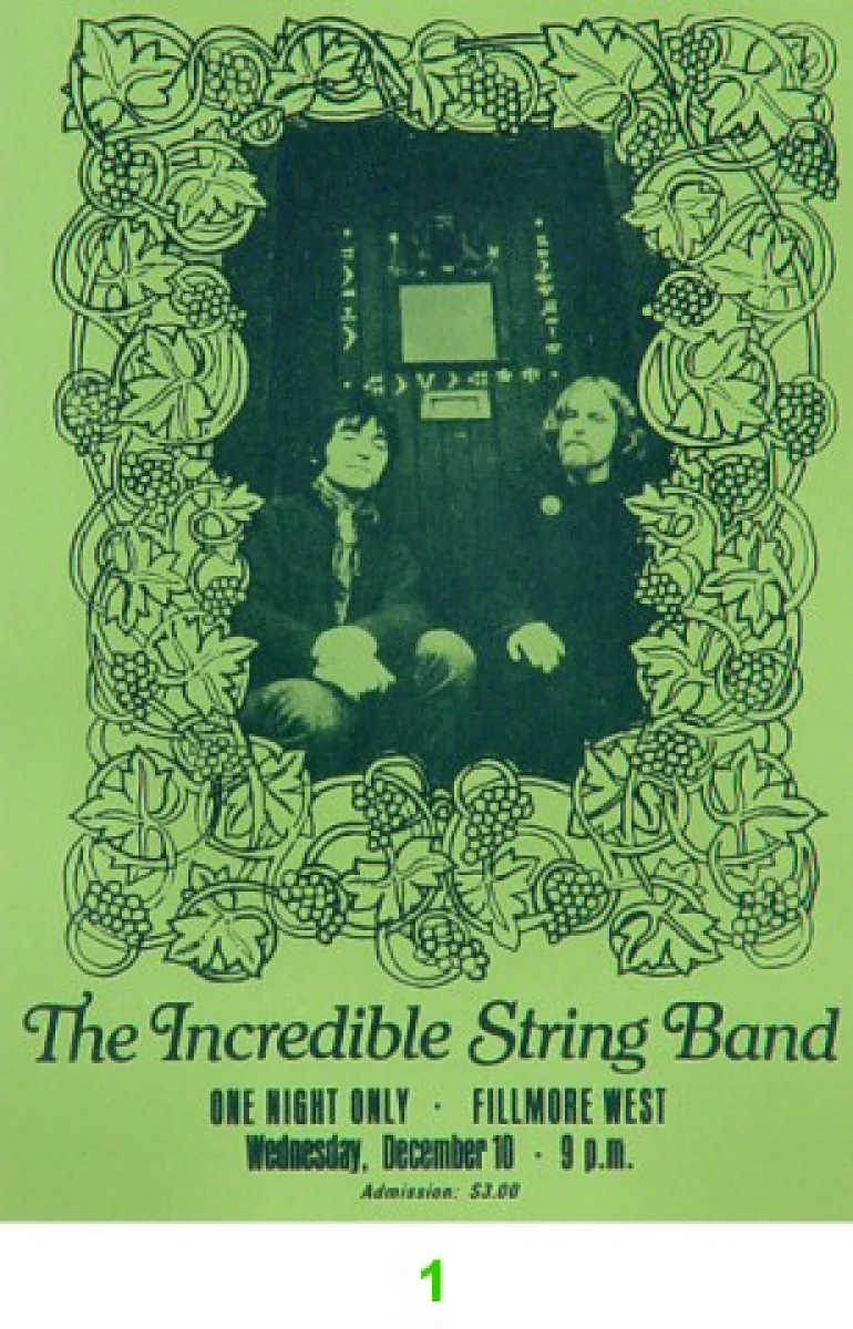 The Incredible String Band Vintage Concert Vintage Ticket from Fillmore West, Dec 10, 1969 at