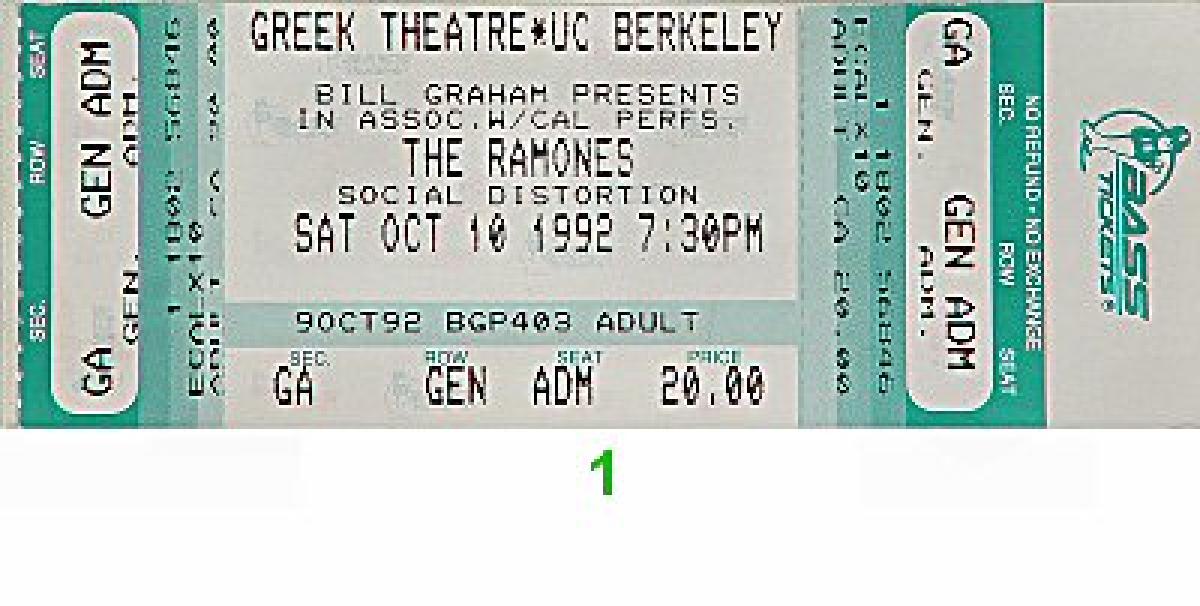 The Ramones Vintage Concert Vintage Ticket from Greek Theatre, Oct 10 ...