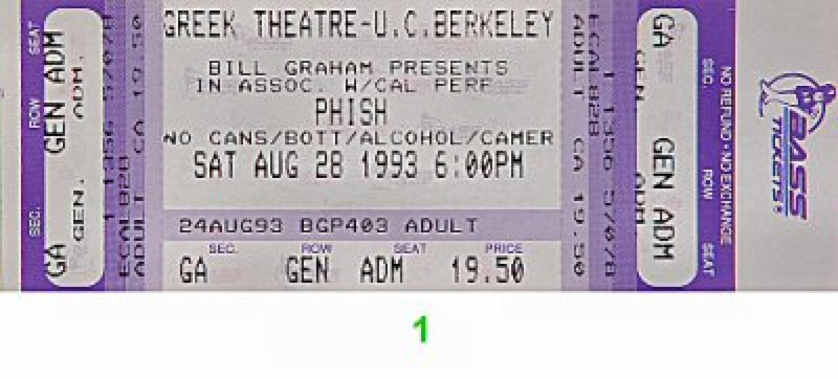 Phish Vintage Concert Vintage Ticket from Greek Theatre, Aug 28, 1993 ...