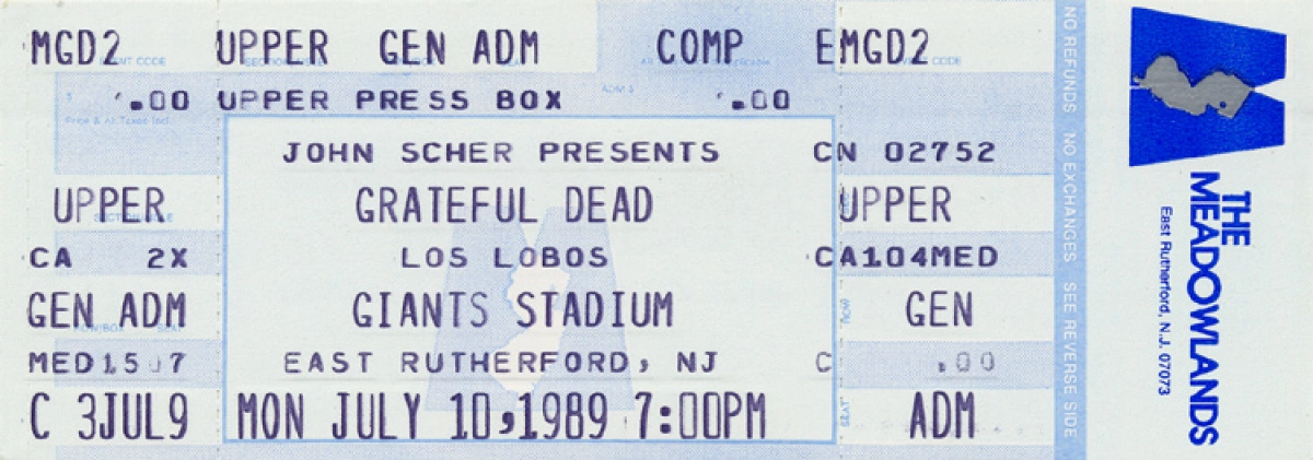 Grateful Dead Vintage Concert Vintage Ticket from Giants Stadium, Jul 10,  1989 at Wolfgang's