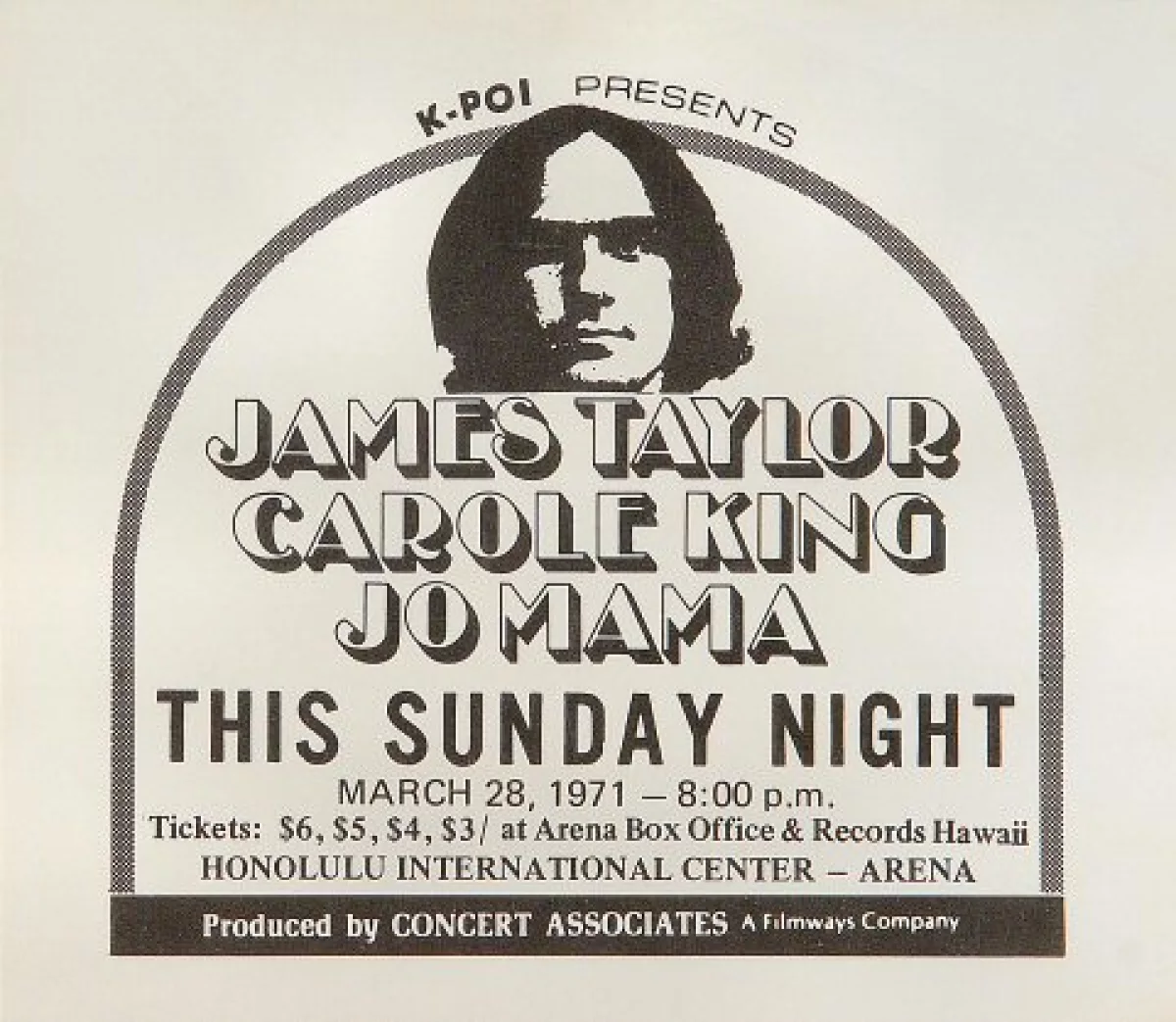 James Taylor Vintage Concert Handbill from Honolulu International Center,  Mar 28, 1971 at Wolfgangs