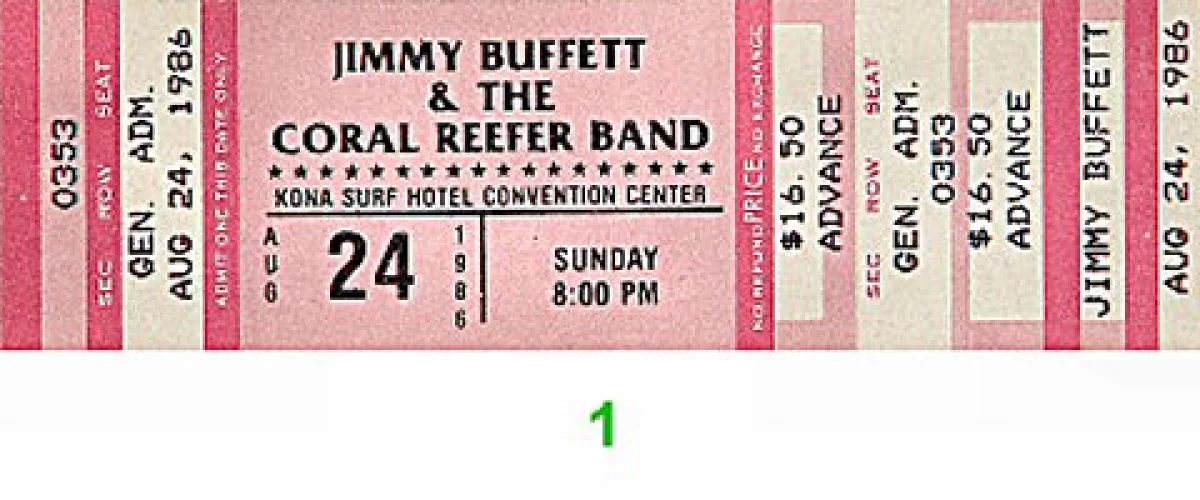Jimmy Buffett Vintage Concert Vintage Ticket from Kona Surf Convention Center, Aug 24, 1986 at