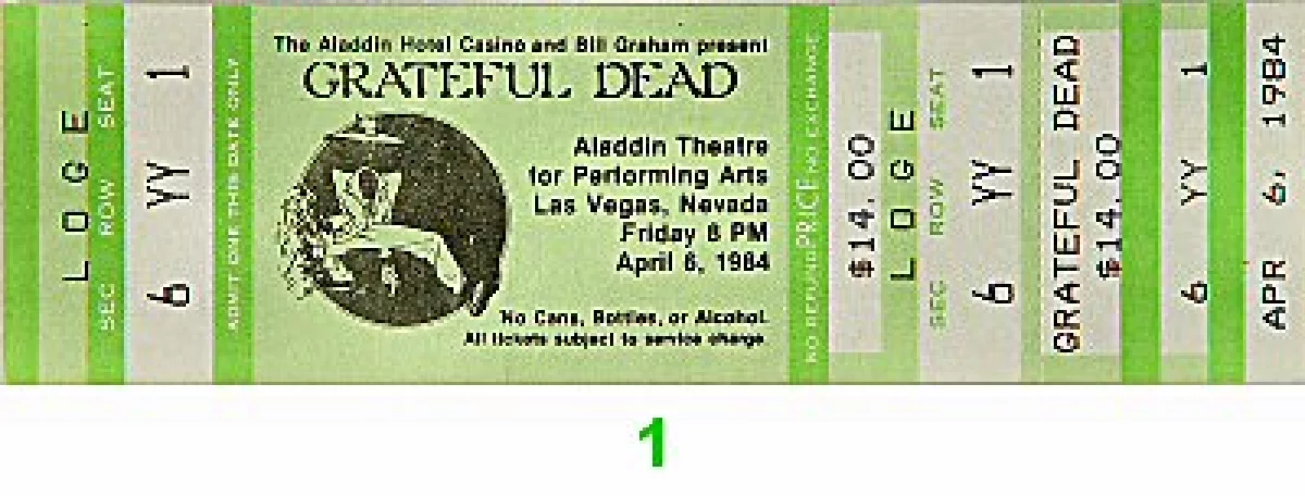 Grateful Dead Vintage Concert Vintage Ticket from Aladdin Theatre, Apr ...