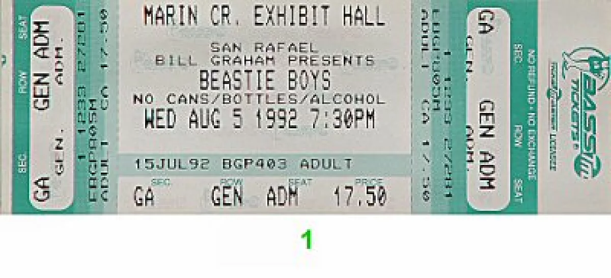 Beastie Boys Vintage Concert Vintage Ticket from Marin Center Exhibit