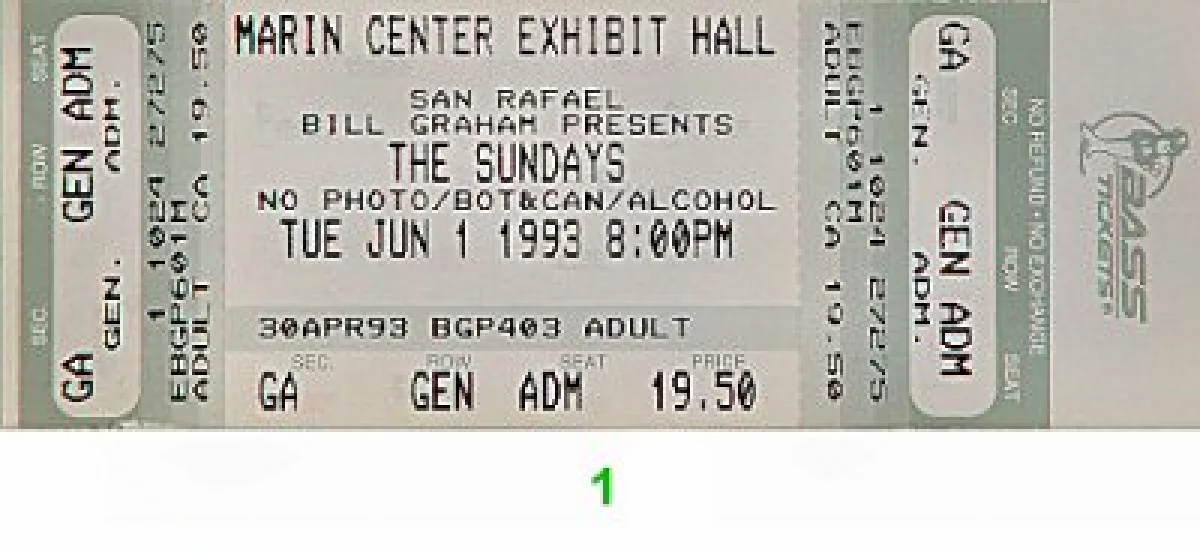The Sundays Vintage Concert Vintage Ticket from Marin Center Exhibit