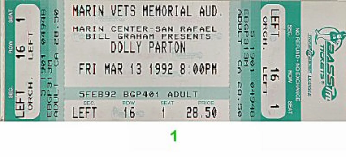 Dolly Parton Vintage Concert Vintage Ticket from Marin Veterans