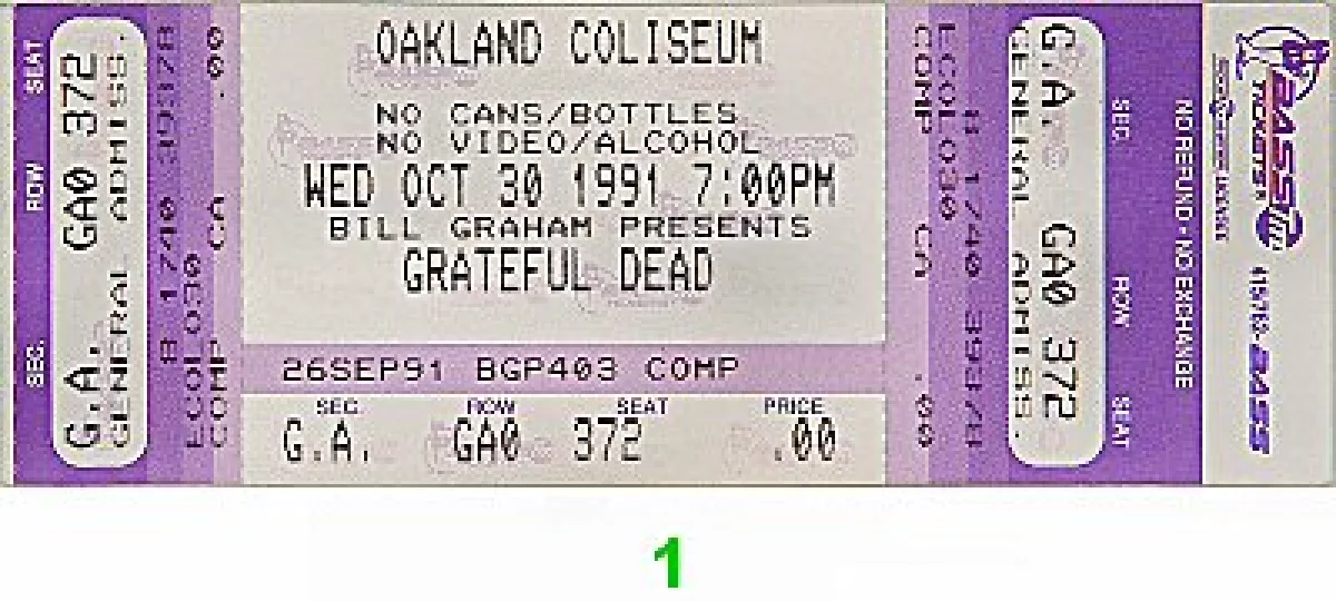 Grateful Dead Vintage Concert Vintage Ticket From Oakland Coliseum 